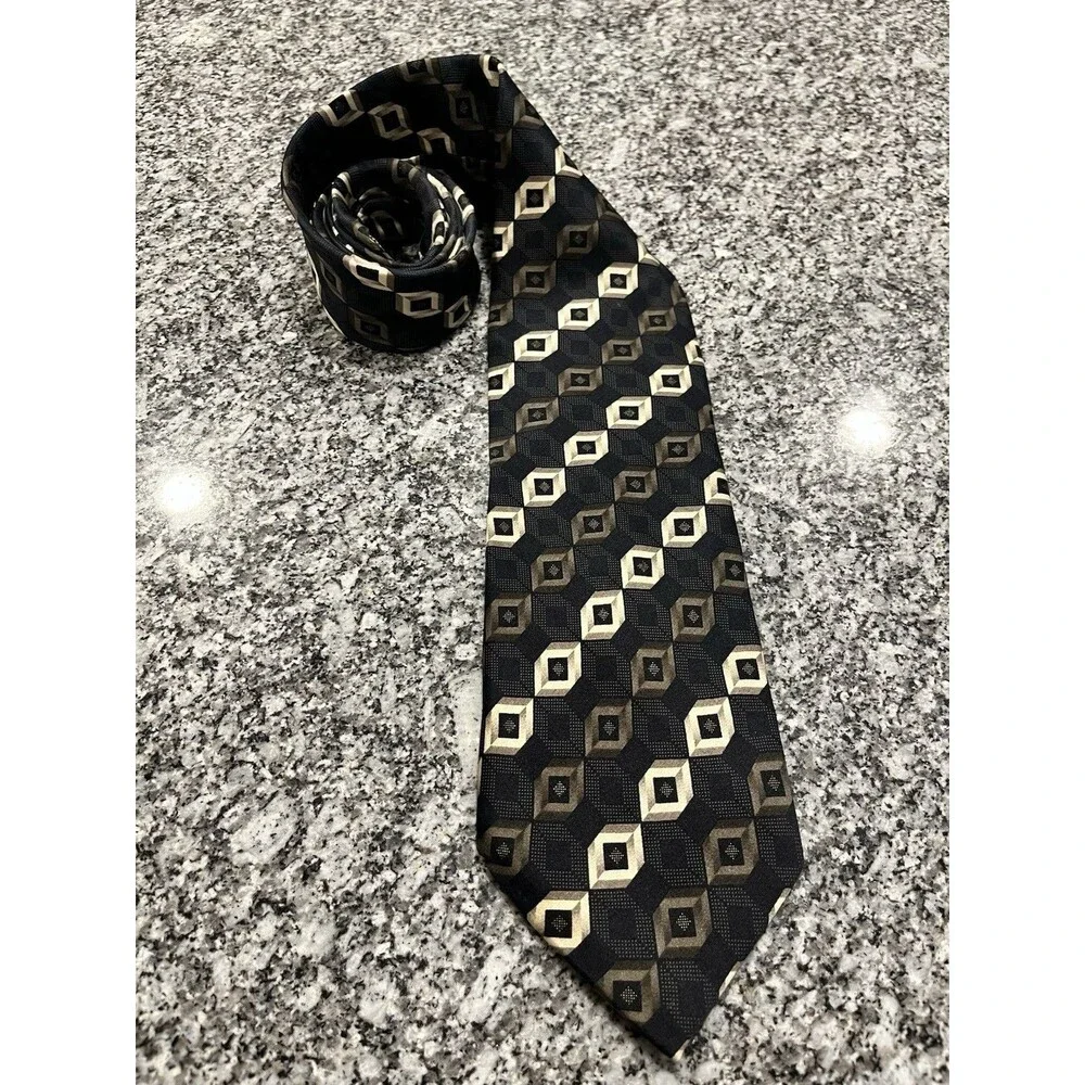 Alexander Julian Men's Black Beige Brown Geometric Pointed Tie 100% silk 0060